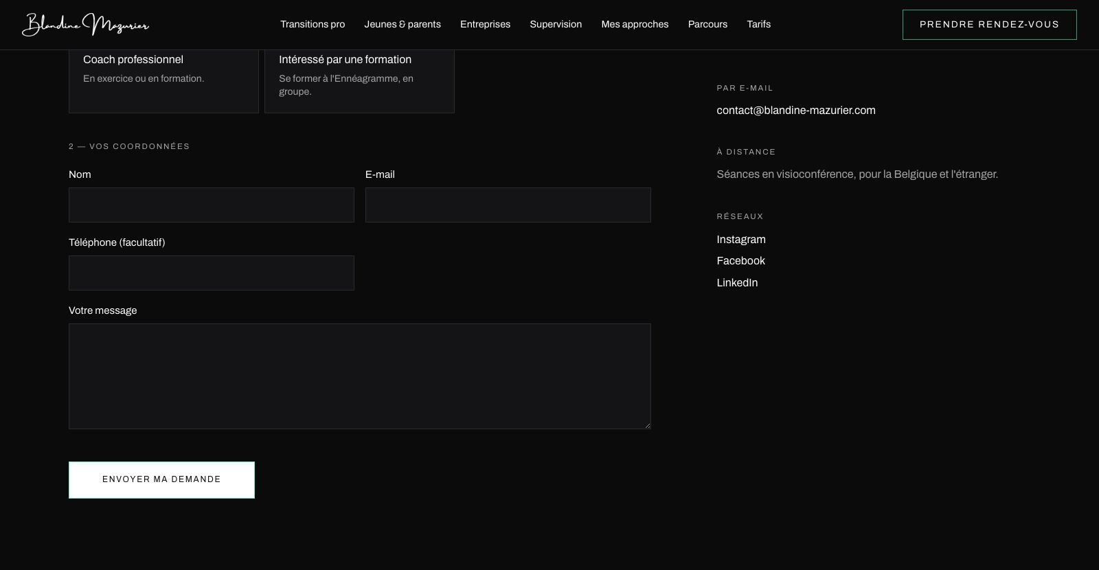 La page de contact du site de Blandine Mazurier, avec son formulaire