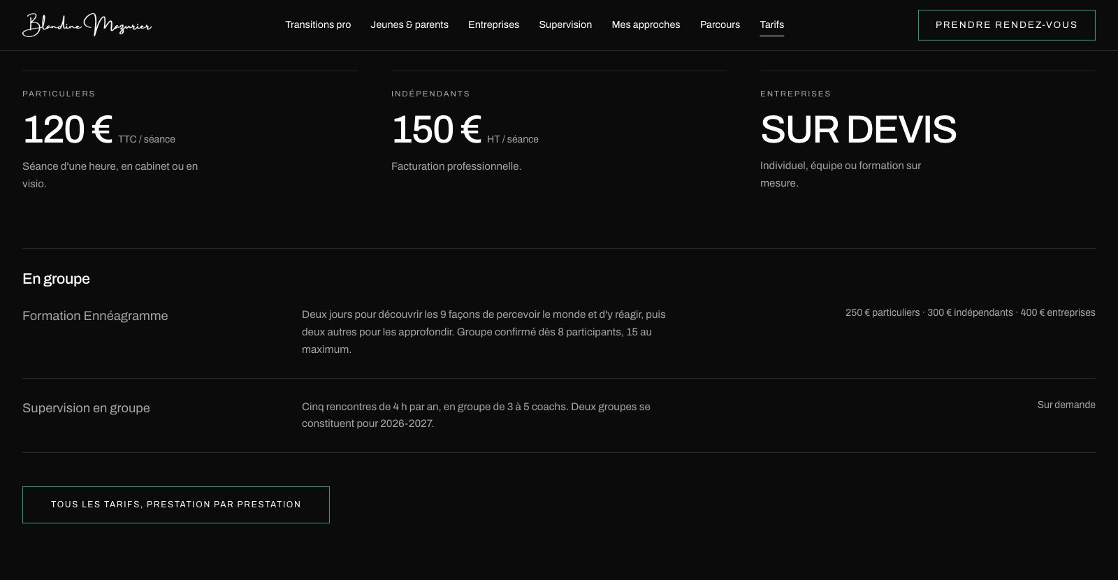La page des tarifs du site de Blandine Mazurier